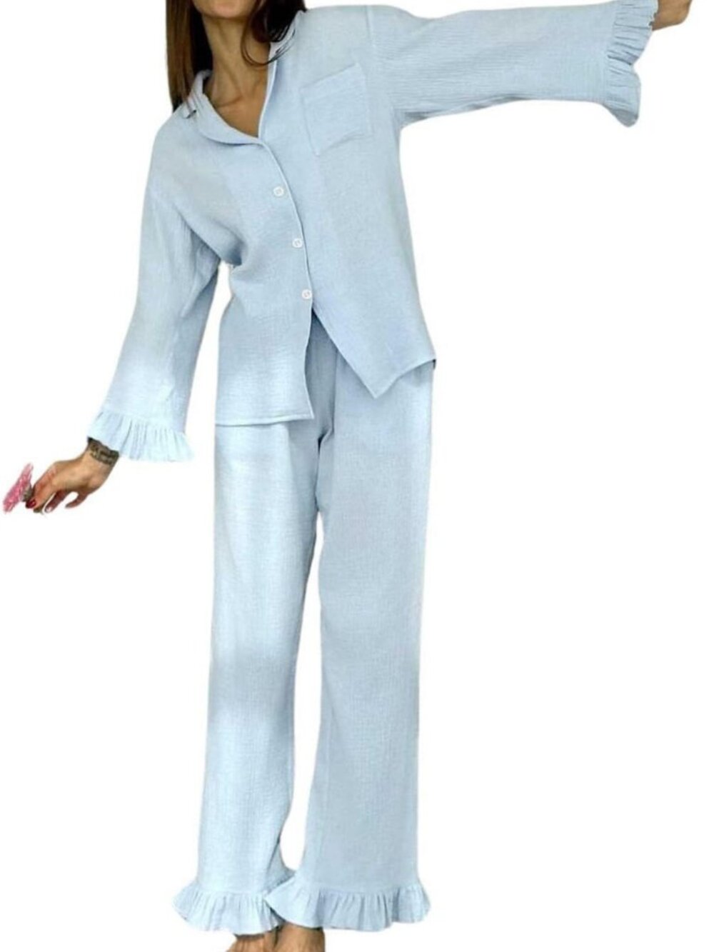 Cozy 3-Piece Women's Cotton Gauze Pajama Set | Long Sleeve Ruffle Sleepwear